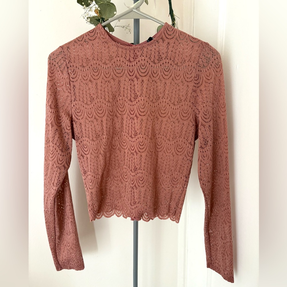 Windsor Lace Crop Top Soft Pink Long Sleeve Eyelash Zipper Back Size Small
